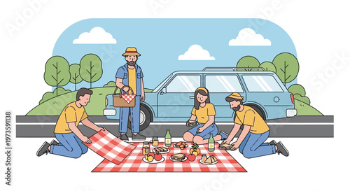 Family Picnic by the Roadside with Vintage Car, Food, and Drinks