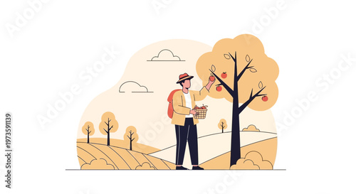 Farmer picking apples from tree in orchard during harvest season, flat illustration
