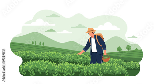 Farmer Harvesting Crops in a Lush Green Field with Rolling Hills Background