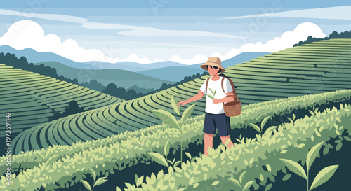 Farmer harvesting tea leaves on lush green plantation terraces, scenic mountain landscape