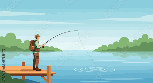 Fisherman on wooden pier casting fishing rod into calm lake, surrounded by lush green trees and blue sky.