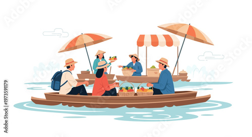 Floating Market Scene: People Trading Fruits and Goods from Boats in Thailand