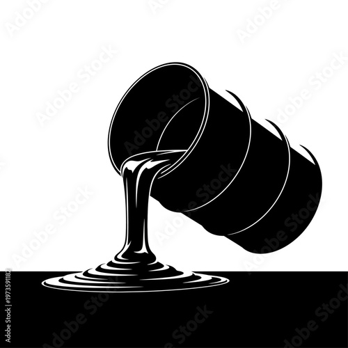 a black oil barrel spilling thick crude oil onto a dark surface forming a liquid puddle representing oil industry energy and environmental issues.