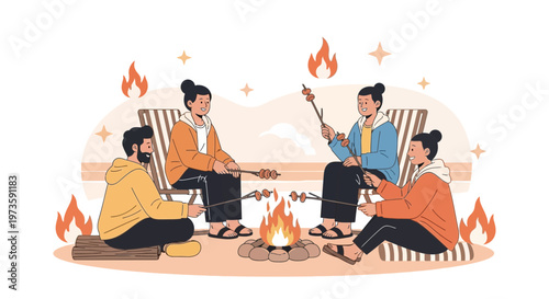 Friends enjoying a campfire, roasting marshmallows and spending quality time outdoors.
