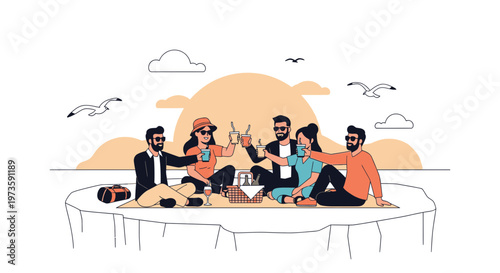 Friends enjoying a beach picnic at sunset, toasting with drinks, seagulls flying
