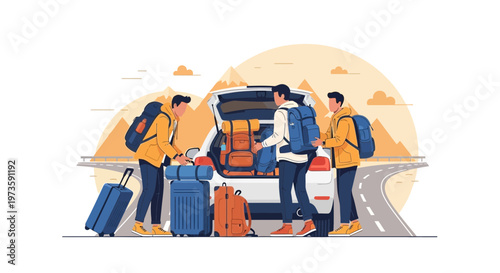 Friends Loading Luggage into Car for Road Trip Adventure