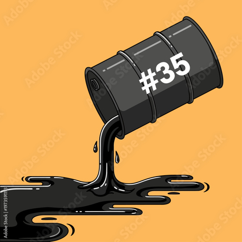 a black oil barrel with 35 spilling crude oil onto an orange background symbolizing energy pollution and resource extraction concepts.