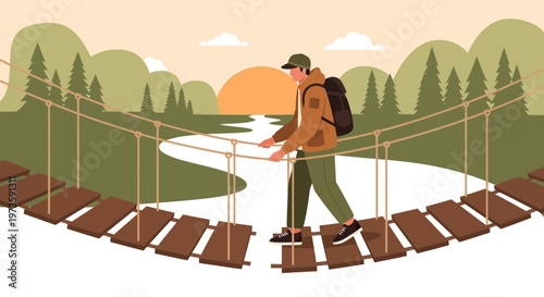 Hiker crossing suspension bridge over river at sunset, adventure, nature, travel