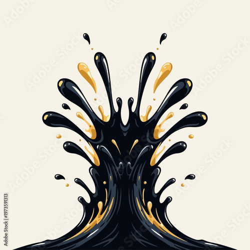 a dynamic oil explosion featuring black liquid and sparkling gold droplets creating a powerful fluid spill for energy and finance concepts.