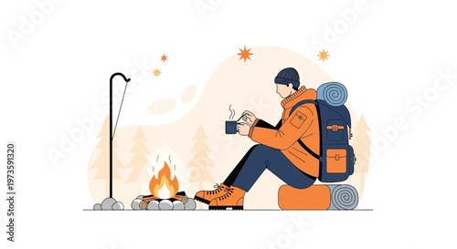 Hiker enjoys warm drink by campfire in snowy forest, camping adventure