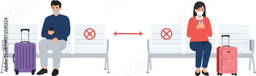 social, distancing, airport, people, sitting, waiting, travel, safety, pandemic, mask, passengers, luggage, prevention, public, transport, health, distance, rule, illustration, concept