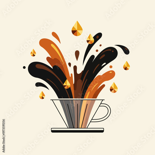 a vibrant coffee splash bursting from a pour over dripper illustrating fresh coffee brewing and energetic morning ritual concept for cafe design