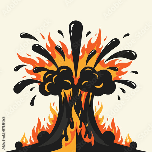 a powerful oil explosion and fiery eruption with black smoke a graphic vector illustration symbolizing industrial disaster.