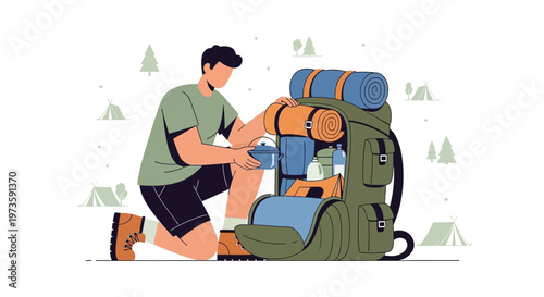 Hiker packing backpack for camping trip in nature with tents and trees