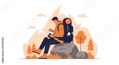 Hiker resting on rock with backpack, reading book, mountains and trees landscape