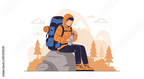 Hiker Resting on Rock, Hydrating Amidst Mountains and Pine Trees