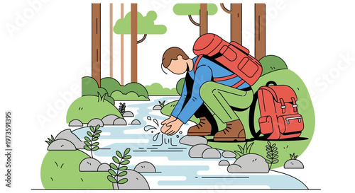 Hiker washing hands in clear stream during forest hike, backpack nearby