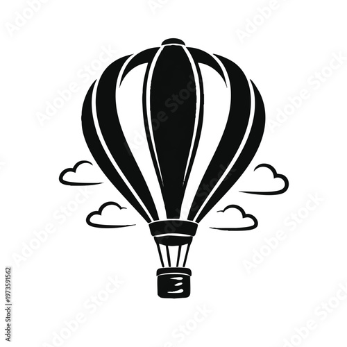 Black and White Hot Air Balloon Vector Illustration with Clouds