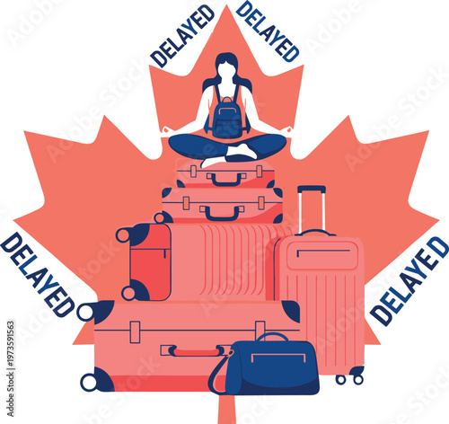 Travel delay concept illustration, passenger waiting with luggage, delayed flights, airport frustration, suitcase stack, modern flat design, travel disruption scene