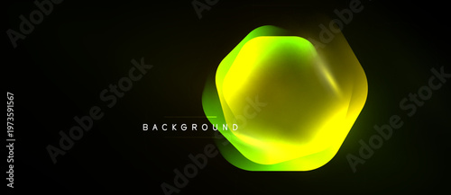 Abstract hexagon shape glows brightly against dark background. Vivid yellow, green hues create dynamic visual effect. Modern design element.