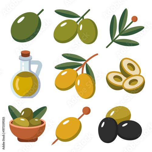 Vector illustration of olive and olive oil icons set, green and black olives on branch and in bowl isolated on white