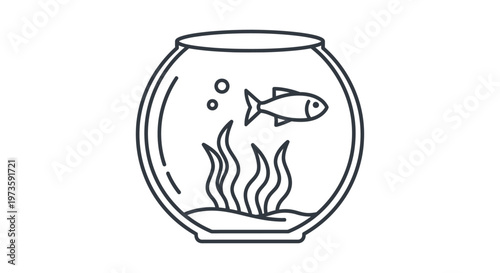fishbowl icon with a fish and aquatic plants a simple line art illustration for pet care and aquatic life concepts.