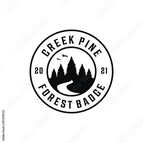 Vintage adventure retro forest pine river creek logo badge silhouette