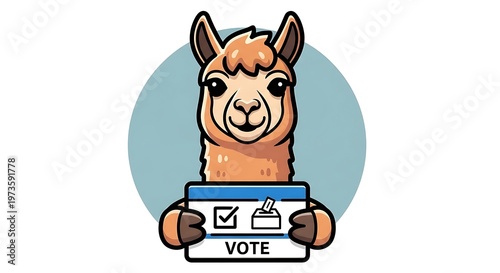 Cute cartoon llama holding vote sign with ballot box and checkmark icon for democratic process.