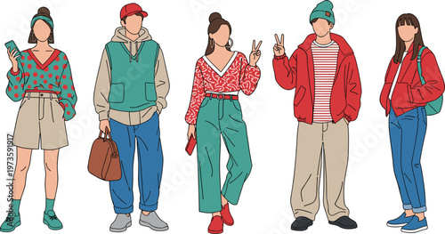 Trendy youth fashion illustration, stylish men and women outfits, modern streetwear clothing, colorful casual looks, flat vector character collection