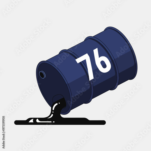 oil barrel spilling oil crude petroleum pollution concept with a blue 76 oil drum on a light background