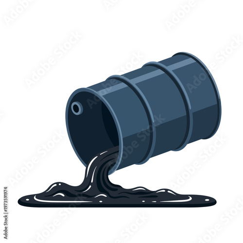 oil barrel spilling oil from an oil drum forming an oil spill of crude oil illustrating environmental pollution and industrial hazard.