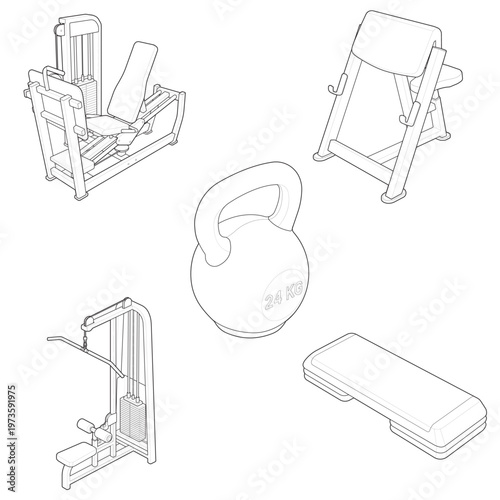 Isometric strength and cardio equipment collection bundle linear drawing