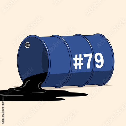 oil barrel with 79 spilling crude oil on the ground representing an environmental disaster energy crisis or market crash.