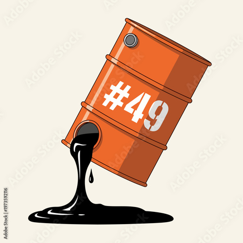 oil spill and environmental pollution from an orange oil barrel pouring crude oil depicting the fossil fuel energy industry crisis.