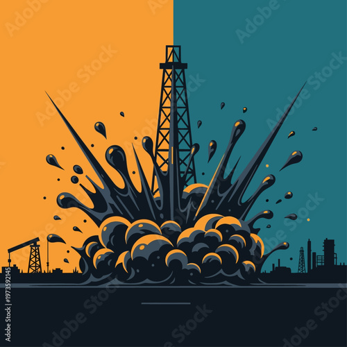oil spill crisis erupting from an offshore oil rig with crude oil gushing and splashing illustrating fossil fuel environmental impact
