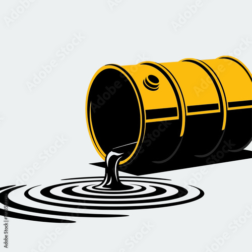 oil spill disaster from a yellow oil barrel leaking crude oil and creating ripples depicting environmental pollution and fossil fuels.