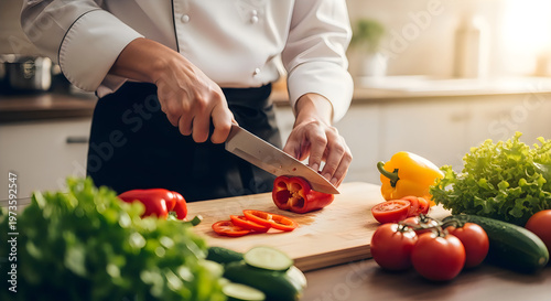 A professional chef carefully slicing a fresh red bell pepper on a wooden cutting board in kitchen