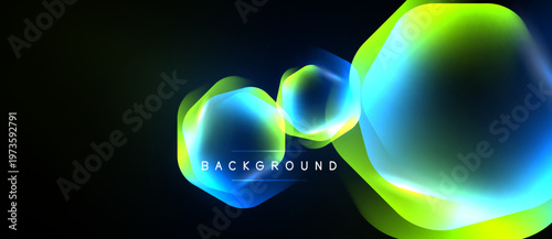 Abstract neon shapes overlap dark background. Vibrant blue, green hues create dynamic visual effect. Modern design element.