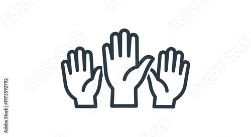 three raised hands icon hands up for voting and participation symbolizing teamwork community involvement and decision making.