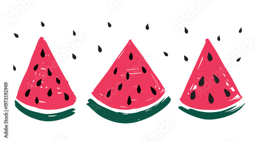 Watermelon slice set on white background, hand drawn illustration.