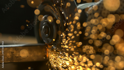 Photos A worker uses a tool to grind metal