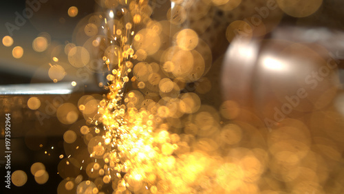 Canvas Print Sparks are seen flying from a metalworking tool in a workshop