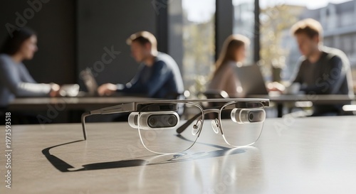 Smart Glasses on Table with People Working in Background