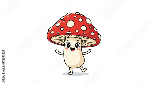 Cheerful cartoon mushroom character with a red cap and white spots dancing happily isolated on white background.