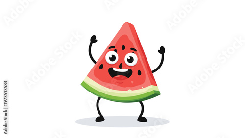 Joyful cartoon watermelon slice character with a big smile and waving arms is dancing happily on a white background for a fun summer theme.