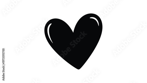 Simple black heart silhouette with a glossy reflection highlight on the side for romantic designs and social media engagement symbols.