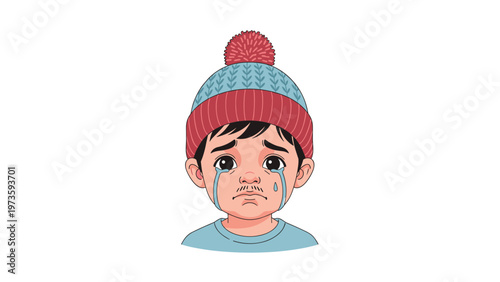 Sad little boy character with large teary eyes wearing a warm red and blue knit beanie hat in a sympathetic cartoon illustration.