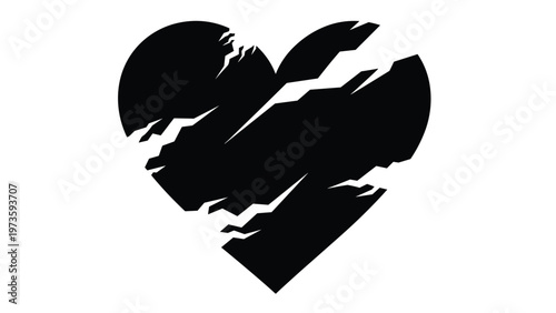 Shattered black heart icon showing broken pieces and jagged edges to represent heartbreak, sadness, and emotional pain in love.