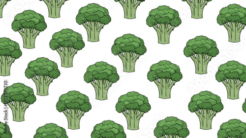 Healthy food pattern with fresh green broccoli florets repeated in a seamless design for cooking blogs and nutritional infographics.