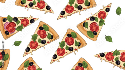 Repeating seamless pattern of tasty pizza slices topped with red tomatoes, black olives, and fresh green basil leaves on white.